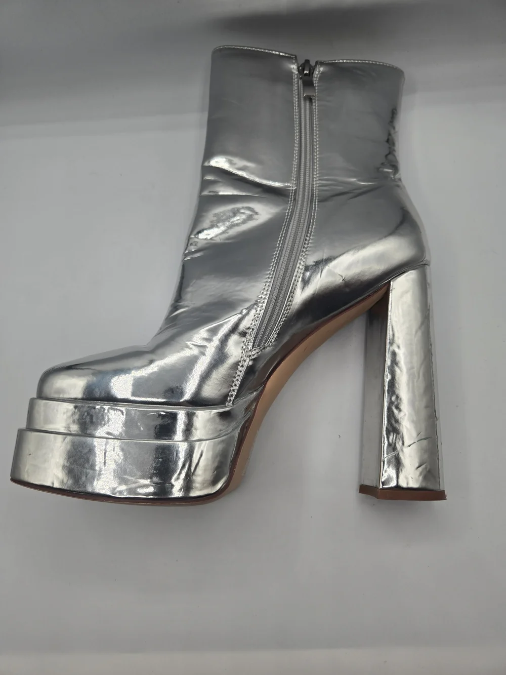 Azalea Wang Silver Mirror Platform Ankle Boots Disco GoGo Block Heel Size 8
